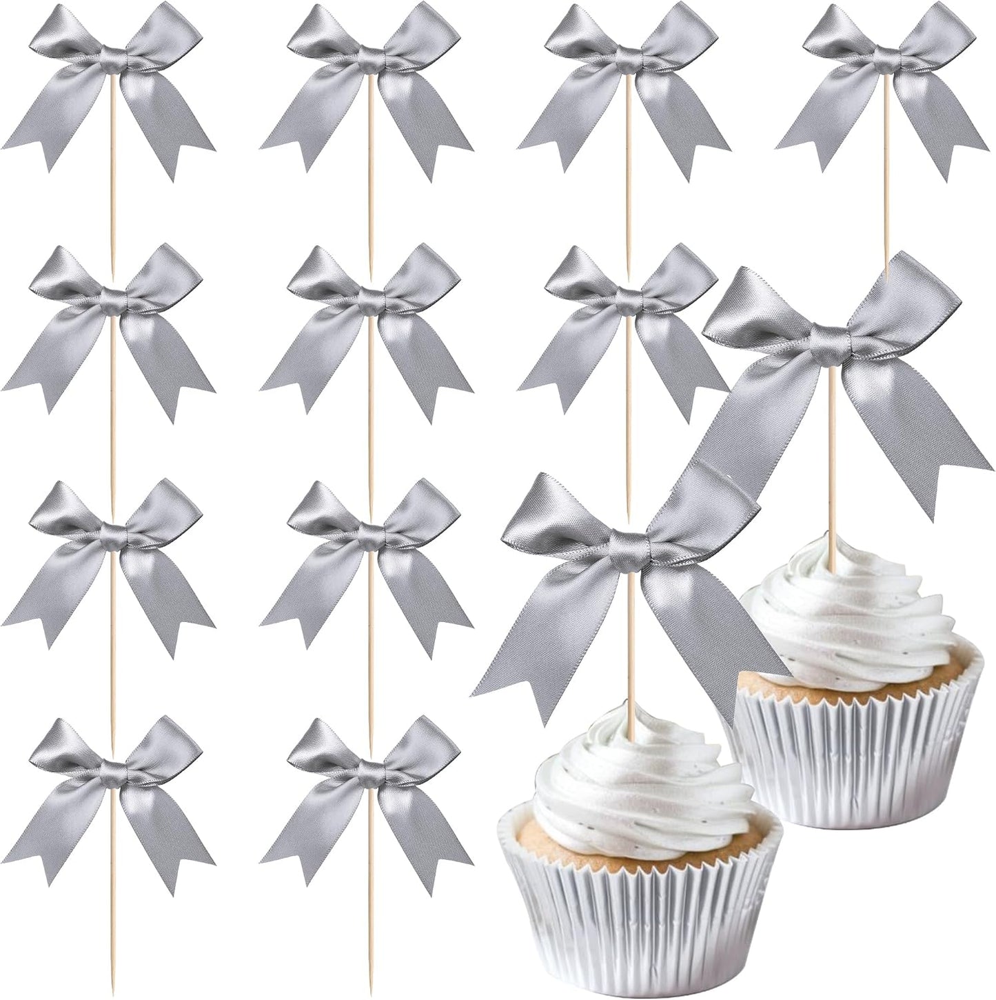 24 PCS Bow Cupcake Toppers Bow Cupcake Picks Bowknot Birthday Party Decorations Bowknot Cake Dessert Picks for Baby Shower Birthday Wedding Bridal Engagement Party Cake Decorations Supplies Yellow