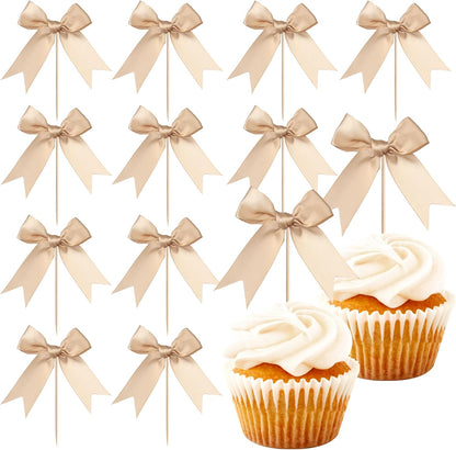 24 PCS Bow Cupcake Toppers Bow Cupcake Picks Bowknot Birthday Party Decorations Bowknot Cake Dessert Picks for Baby Shower Birthday Wedding Bridal Engagement Party Cake Decorations Supplies Yellow