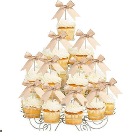 24 PCS Bow Cupcake Toppers Bow Cupcake Picks Bowknot Birthday Party Decorations Bowknot Cake Dessert Picks for Baby Shower Birthday Wedding Bridal Engagement Party Cake Decorations Supplies Yellow