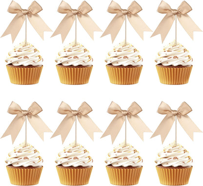 24 PCS Bow Cupcake Toppers Bow Cupcake Picks Bowknot Birthday Party Decorations Bowknot Cake Dessert Picks for Baby Shower Birthday Wedding Bridal Engagement Party Cake Decorations Supplies Yellow