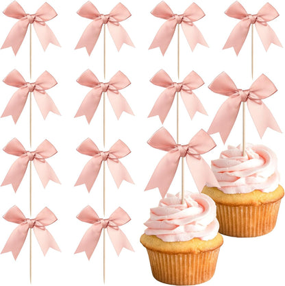 24 PCS Bow Cupcake Toppers Bow Cupcake Picks Bowknot Birthday Party Decorations Bowknot Cake Dessert Picks for Baby Shower Birthday Wedding Bridal Engagement Party Cake Decorations Supplies Yellow
