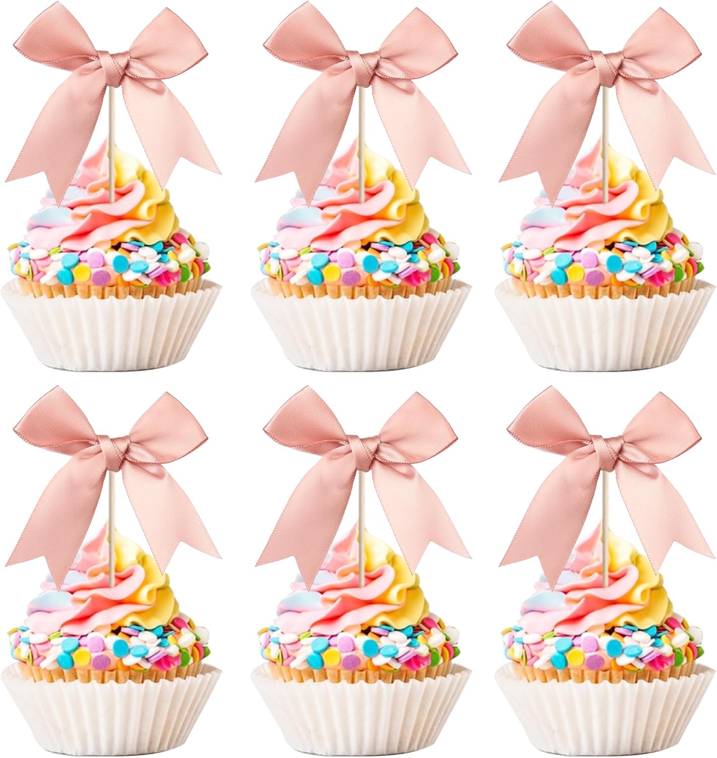 24 PCS Bow Cupcake Toppers Bow Cupcake Picks Bowknot Birthday Party Decorations Bowknot Cake Dessert Picks for Baby Shower Birthday Wedding Bridal Engagement Party Cake Decorations Supplies Yellow