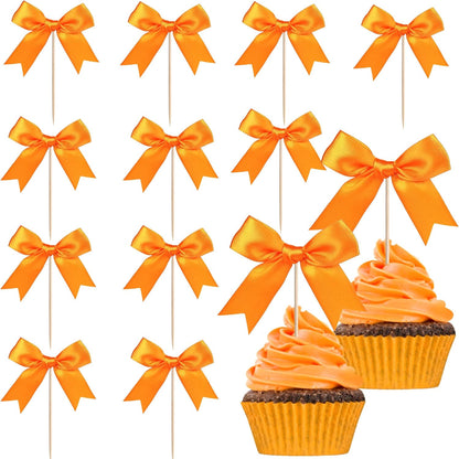 24 PCS Bow Cupcake Toppers Bow Cupcake Picks Bowknot Birthday Party Decorations Bowknot Cake Dessert Picks for Baby Shower Birthday Wedding Bridal Engagement Party Cake Decorations Supplies Yellow