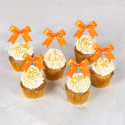 24 PCS Bow Cupcake Toppers Bow Cupcake Picks Bowknot Birthday Party Decorations Bowknot Cake Dessert Picks for Baby Shower Birthday Wedding Bridal Engagement Party Cake Decorations Supplies Yellow
