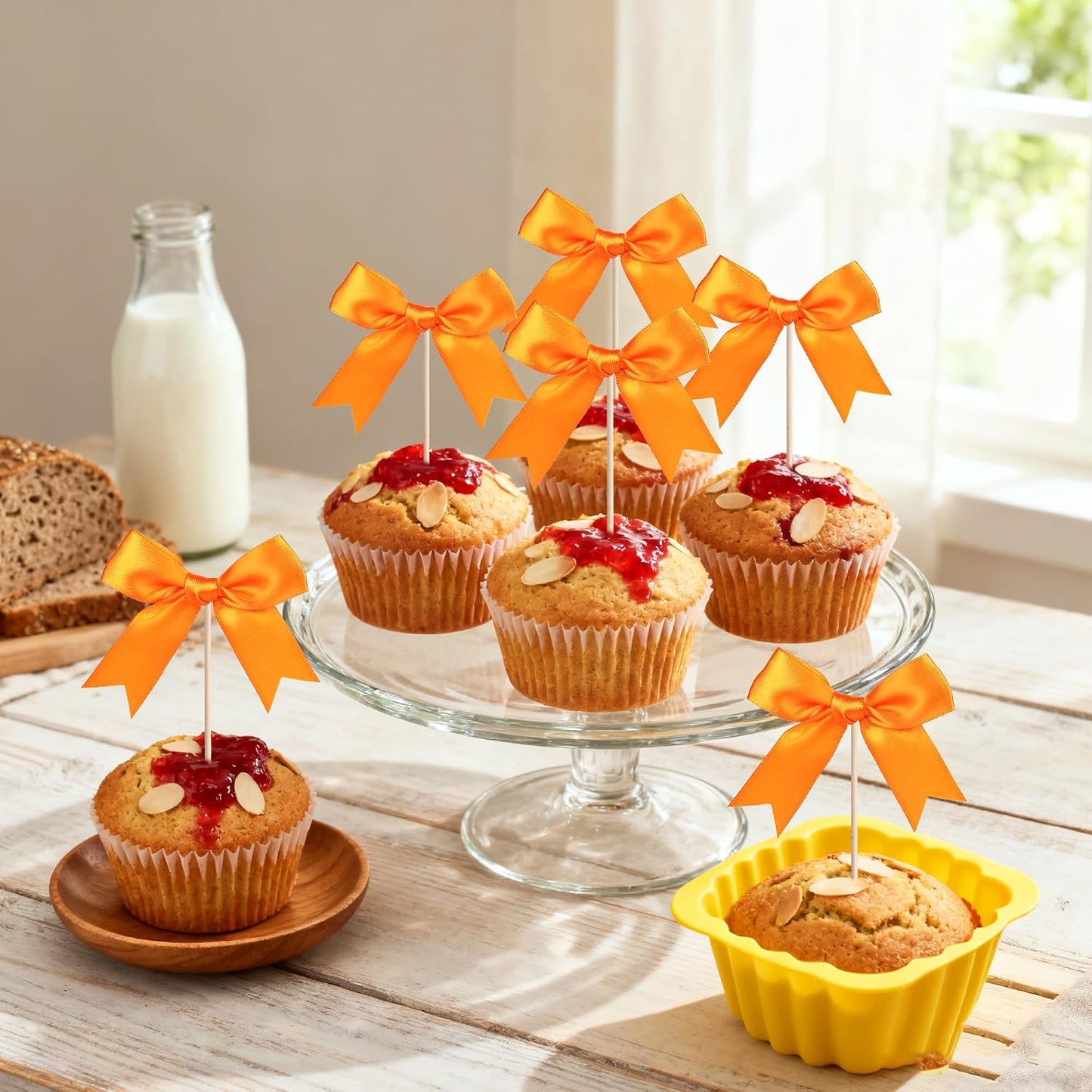 24 PCS Bow Cupcake Toppers Bow Cupcake Picks Bowknot Birthday Party Decorations Bowknot Cake Dessert Picks for Baby Shower Birthday Wedding Bridal Engagement Party Cake Decorations Supplies Yellow