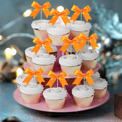 24 PCS Bow Cupcake Toppers Bow Cupcake Picks Bowknot Birthday Party Decorations Bowknot Cake Dessert Picks for Baby Shower Birthday Wedding Bridal Engagement Party Cake Decorations Supplies Yellow