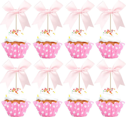 24 PCS Bow Cupcake Toppers Bow Cupcake Picks Bowknot Birthday Party Decorations Bowknot Cake Dessert Picks for Baby Shower Birthday Wedding Bridal Engagement Party Cake Decorations Supplies Yellow