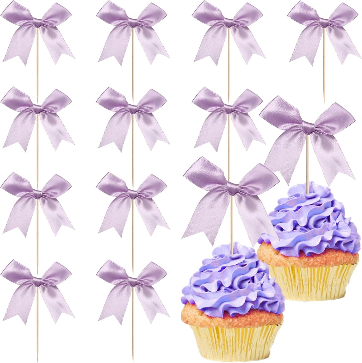 24 PCS Bow Cupcake Toppers Bow Cupcake Picks Bowknot Birthday Party Decorations Bowknot Cake Dessert Picks for Baby Shower Birthday Wedding Bridal Engagement Party Cake Decorations Supplies Yellow