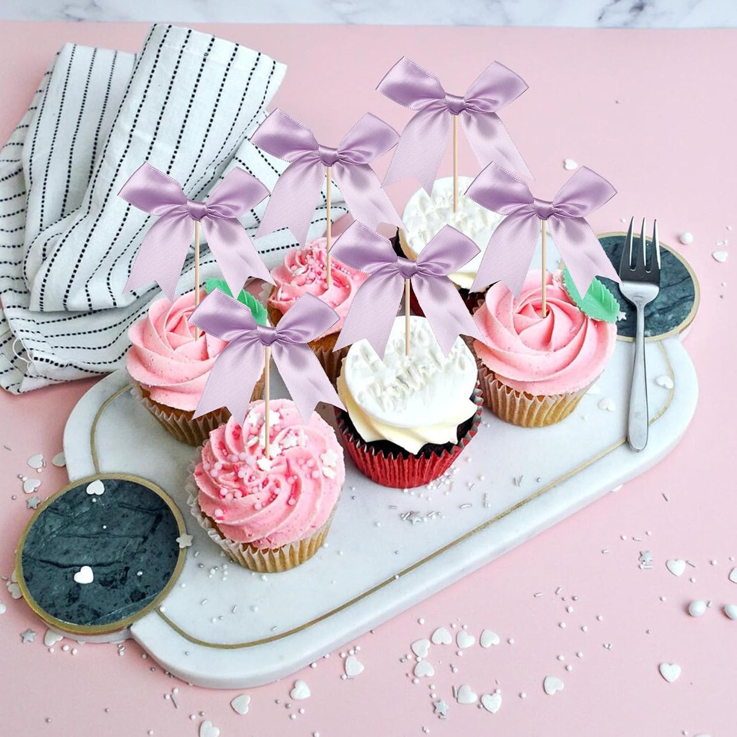 24 PCS Bow Cupcake Toppers Bow Cupcake Picks Bowknot Birthday Party Decorations Bowknot Cake Dessert Picks for Baby Shower Birthday Wedding Bridal Engagement Party Cake Decorations Supplies Yellow
