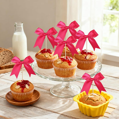 24 PCS Bow Cupcake Toppers Bow Cupcake Picks Bowknot Birthday Party Decorations Bowknot Cake Dessert Picks for Baby Shower Birthday Wedding Bridal Engagement Party Cake Decorations Supplies Yellow