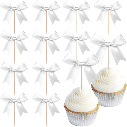 24 PCS Bow Cupcake Toppers Bow Cupcake Picks Bowknot Birthday Party Decorations Bowknot Cake Dessert Picks for Baby Shower Birthday Wedding Bridal Engagement Party Cake Decorations Supplies Yellow