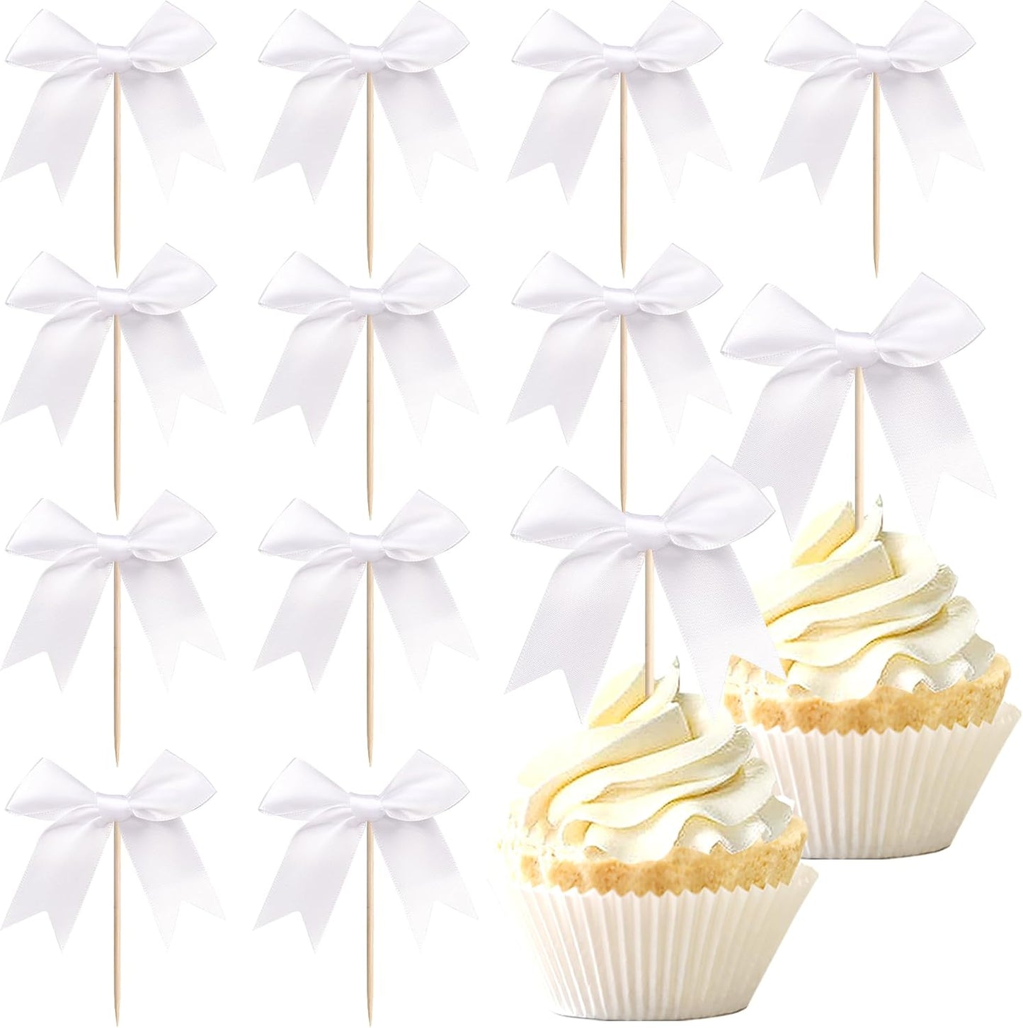 24 PCS Bow Cupcake Toppers Bow Cupcake Picks Bowknot Birthday Party Decorations Bowknot Cake Dessert Picks for Baby Shower Birthday Wedding Bridal Engagement Party Cake Decorations Supplies Yellow