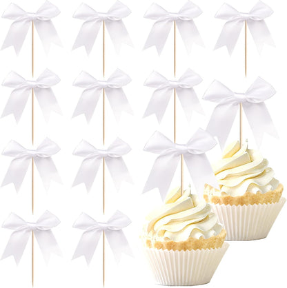 24 PCS Bow Cupcake Toppers Bow Cupcake Picks Bowknot Birthday Party Decorations Bowknot Cake Dessert Picks for Baby Shower Birthday Wedding Bridal Engagement Party Cake Decorations Supplies Yellow