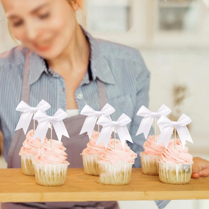 24 PCS Bow Cupcake Toppers Bow Cupcake Picks Bowknot Birthday Party Decorations Bowknot Cake Dessert Picks for Baby Shower Birthday Wedding Bridal Engagement Party Cake Decorations Supplies Yellow