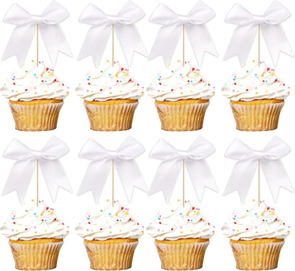 24 PCS Bow Cupcake Toppers Bow Cupcake Picks Bowknot Birthday Party Decorations Bowknot Cake Dessert Picks for Baby Shower Birthday Wedding Bridal Engagement Party Cake Decorations Supplies Yellow