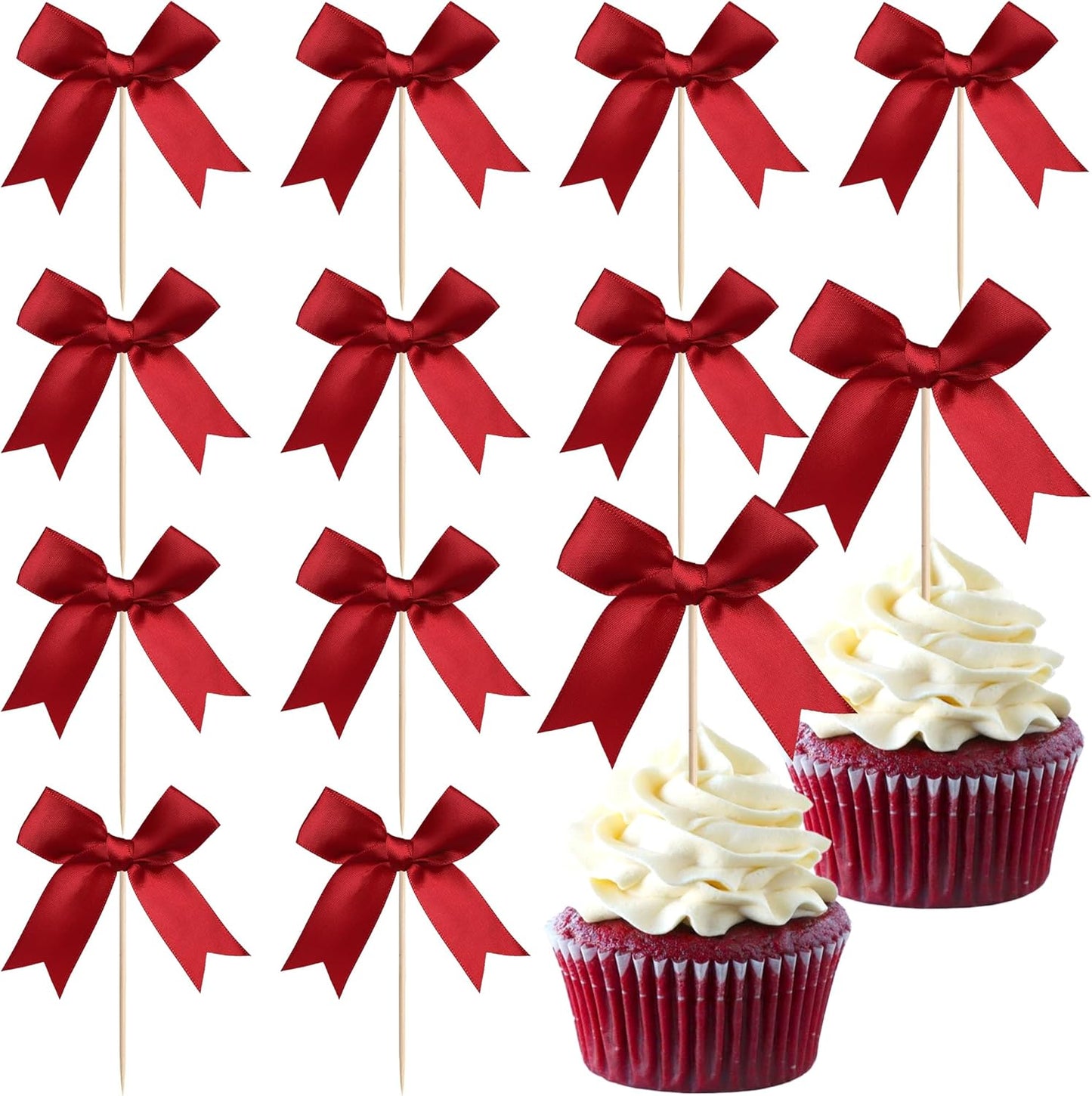 24 PCS Bow Cupcake Toppers Bow Cupcake Picks Bowknot Birthday Party Decorations Bowknot Cake Dessert Picks for Baby Shower Birthday Wedding Bridal Engagement Party Cake Decorations Supplies Yellow