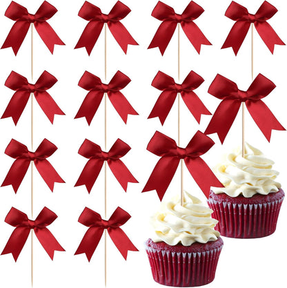 24 PCS Bow Cupcake Toppers Bow Cupcake Picks Bowknot Birthday Party Decorations Bowknot Cake Dessert Picks for Baby Shower Birthday Wedding Bridal Engagement Party Cake Decorations Supplies Yellow