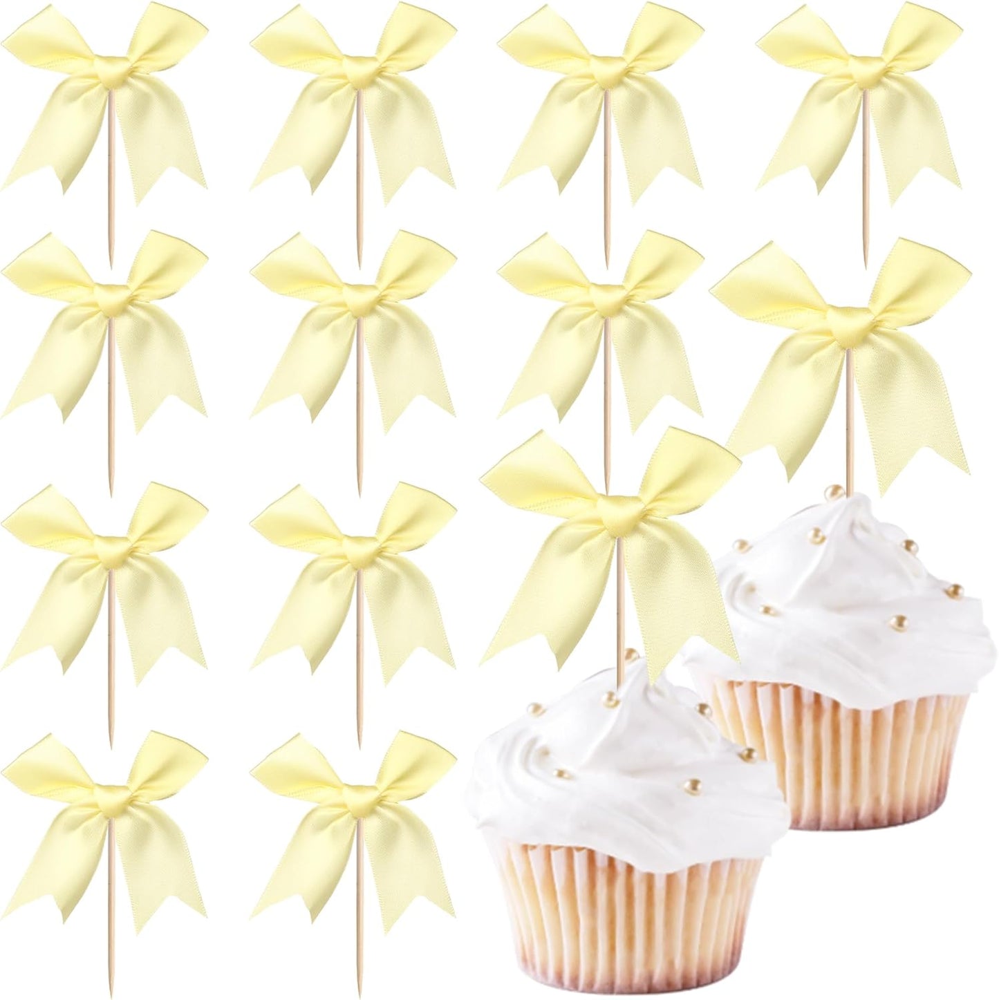 24 PCS Bow Cupcake Toppers Bow Cupcake Picks Bowknot Birthday Party Decorations Bowknot Cake Dessert Picks for Baby Shower Birthday Wedding Bridal Engagement Party Cake Decorations Supplies Yellow