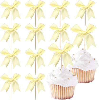 24 PCS Bow Cupcake Toppers Bow Cupcake Picks Bowknot Birthday Party Decorations Bowknot Cake Dessert Picks for Baby Shower Birthday Wedding Bridal Engagement Party Cake Decorations Supplies Yellow