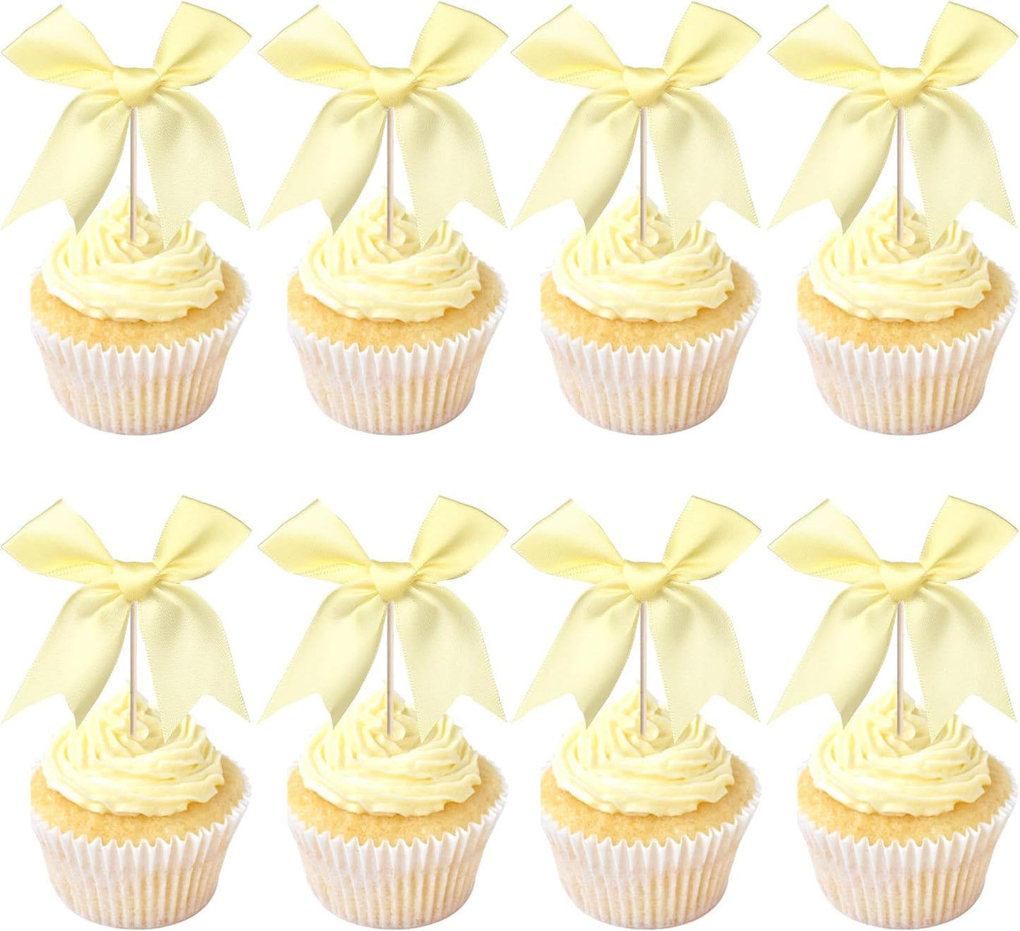 24 PCS Bow Cupcake Toppers Bow Cupcake Picks Bowknot Birthday Party Decorations Bowknot Cake Dessert Picks for Baby Shower Birthday Wedding Bridal Engagement Party Cake Decorations Supplies Yellow
