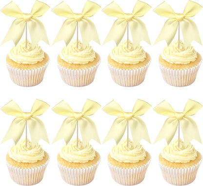 24 PCS Bow Cupcake Toppers Bow Cupcake Picks Bowknot Birthday Party Decorations Bowknot Cake Dessert Picks for Baby Shower Birthday Wedding Bridal Engagement Party Cake Decorations Supplies Yellow