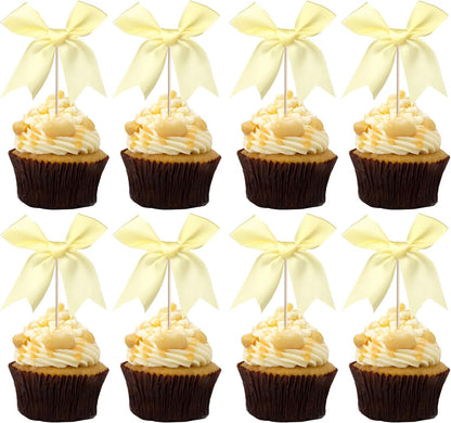 24 PCS Bow Cupcake Toppers Bow Cupcake Picks Bowknot Birthday Party Decorations Bowknot Cake Dessert Picks for Baby Shower Birthday Wedding Bridal Engagement Party Cake Decorations Supplies Yellow