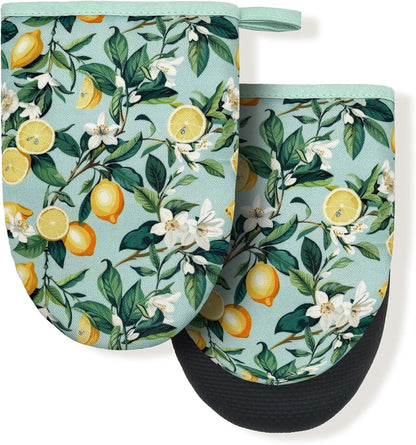 Lemon Yellow Floral Teal Mini Silicone Oven Mitts, Heat Slip Resistant Kitchen Gloves 2-Pack Set, Soft Short Small Oven Mittens Pot Holders for Baking Grilling Barbecue Microwave Gift