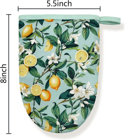 Lemon Yellow Floral Teal Mini Silicone Oven Mitts, Heat Slip Resistant Kitchen Gloves 2-Pack Set, Soft Short Small Oven Mittens Pot Holders for Baking Grilling Barbecue Microwave Gift