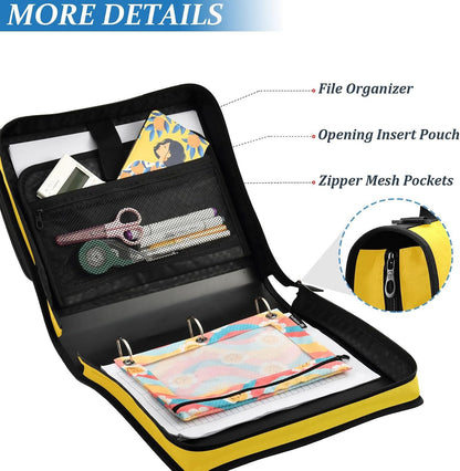 3 Ring Zipper Binder with Shoulder Strap,Bright Yellow Binders Organizer,1.5 Inch Zip Up Binder 500 Sheets, Easy to Carry