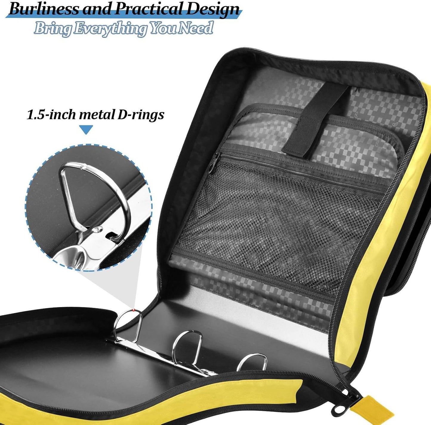 3 Ring Zipper Binder with Shoulder Strap,Bright Yellow Binders Organizer,1.5 Inch Zip Up Binder 500 Sheets, Easy to Carry
