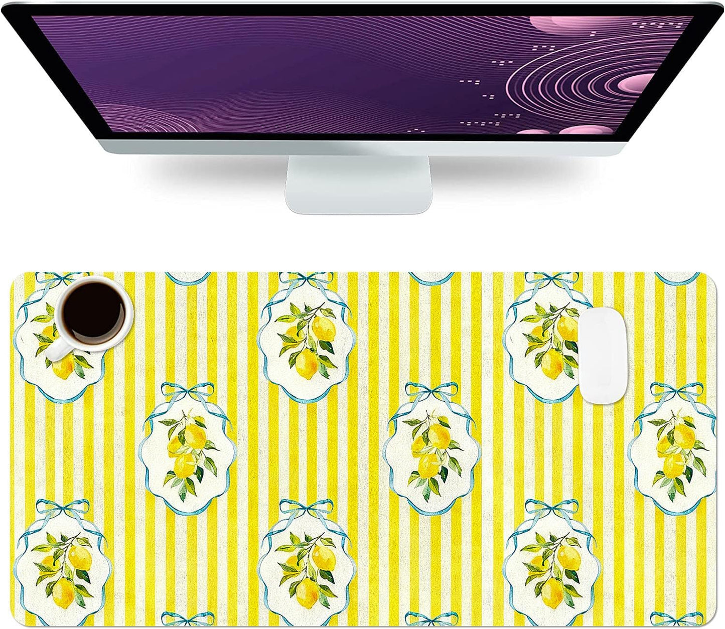 Cute Desk Mat, Yellow Lemon Striped Large Mouse Pad for Desktop, PU Leather Waterproof Desk Pad, Anti-Slip Computer PC Laptop Protector Gaming Mouse Pads Office Home Decor (23.6" x 11.8")