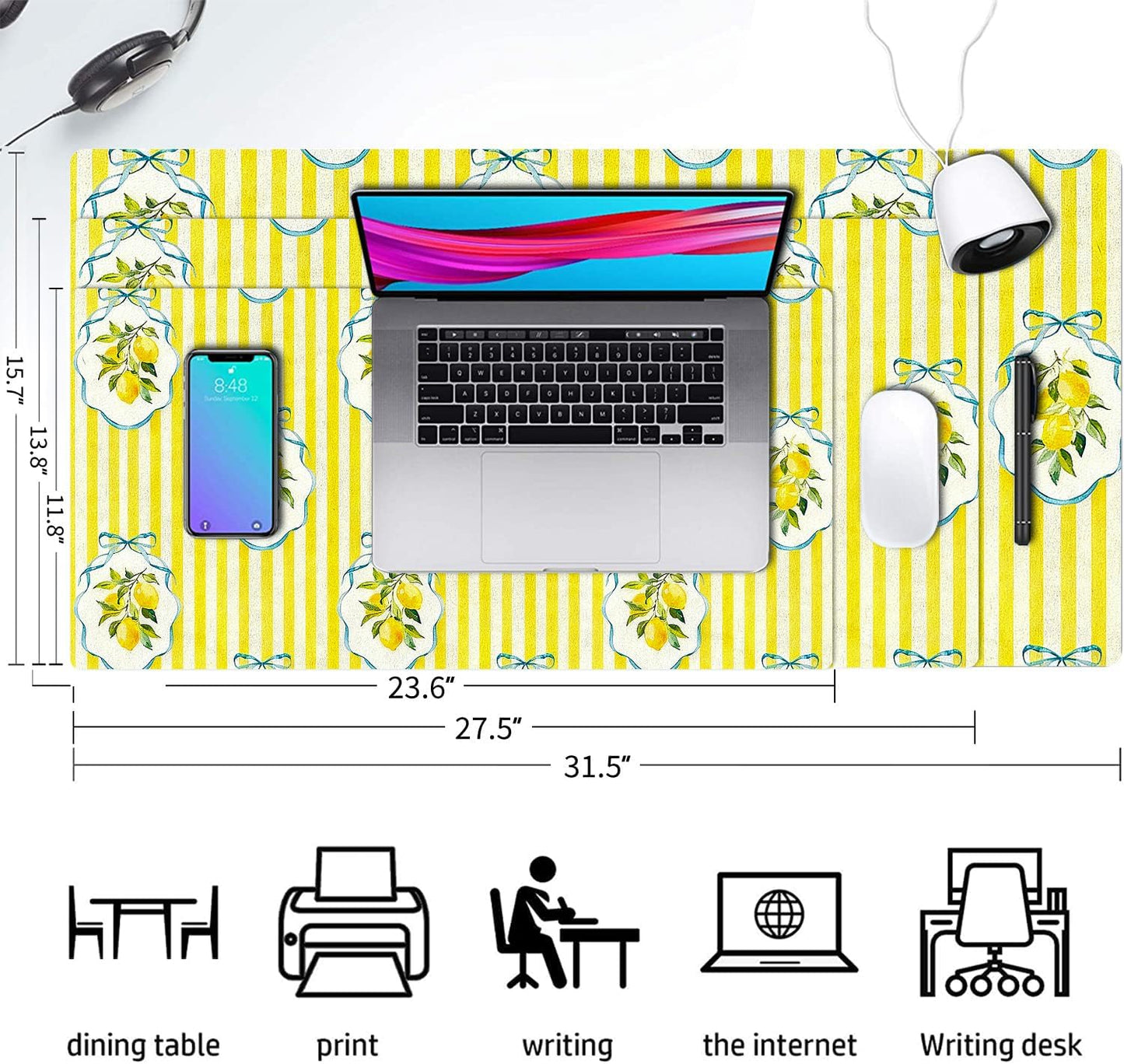 Cute Desk Mat, Yellow Lemon Striped Large Mouse Pad for Desktop, PU Leather Waterproof Desk Pad, Anti-Slip Computer PC Laptop Protector Gaming Mouse Pads Office Home Decor (23.6" x 11.8")