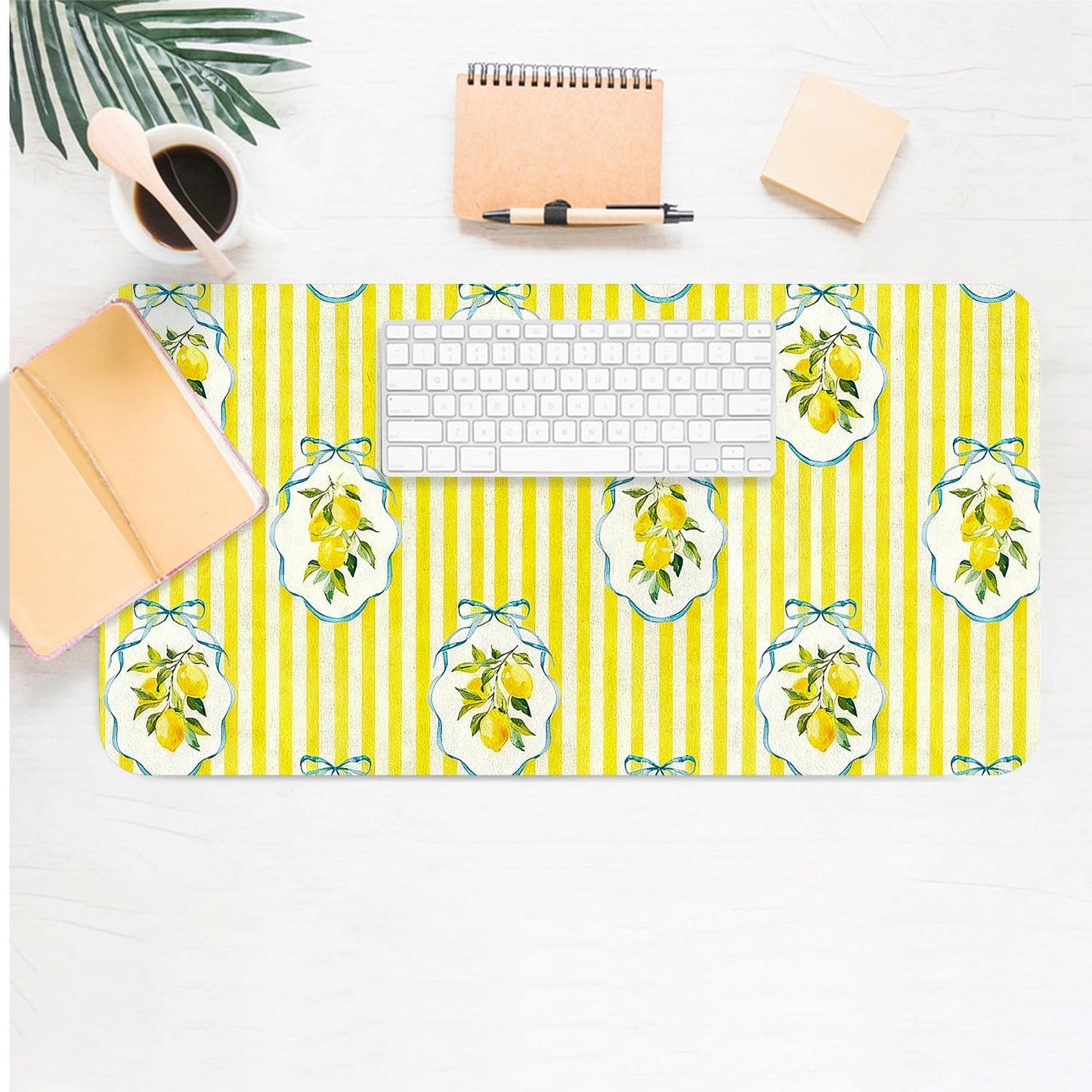 Cute Desk Mat, Yellow Lemon Striped Large Mouse Pad for Desktop, PU Leather Waterproof Desk Pad, Anti-Slip Computer PC Laptop Protector Gaming Mouse Pads Office Home Decor (23.6" x 11.8")