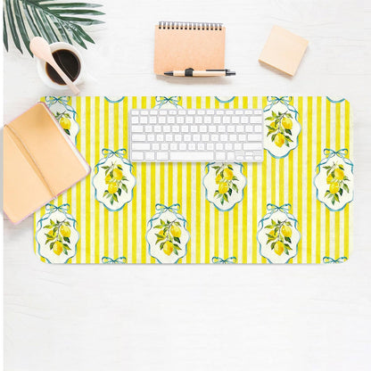 Cute Desk Mat, Yellow Lemon Striped Large Mouse Pad for Desktop, PU Leather Waterproof Desk Pad, Anti-Slip Computer PC Laptop Protector Gaming Mouse Pads Office Home Decor (23.6" x 11.8")