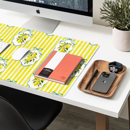 Cute Desk Mat, Yellow Lemon Striped Large Mouse Pad for Desktop, PU Leather Waterproof Desk Pad, Anti-Slip Computer PC Laptop Protector Gaming Mouse Pads Office Home Decor (23.6" x 11.8")