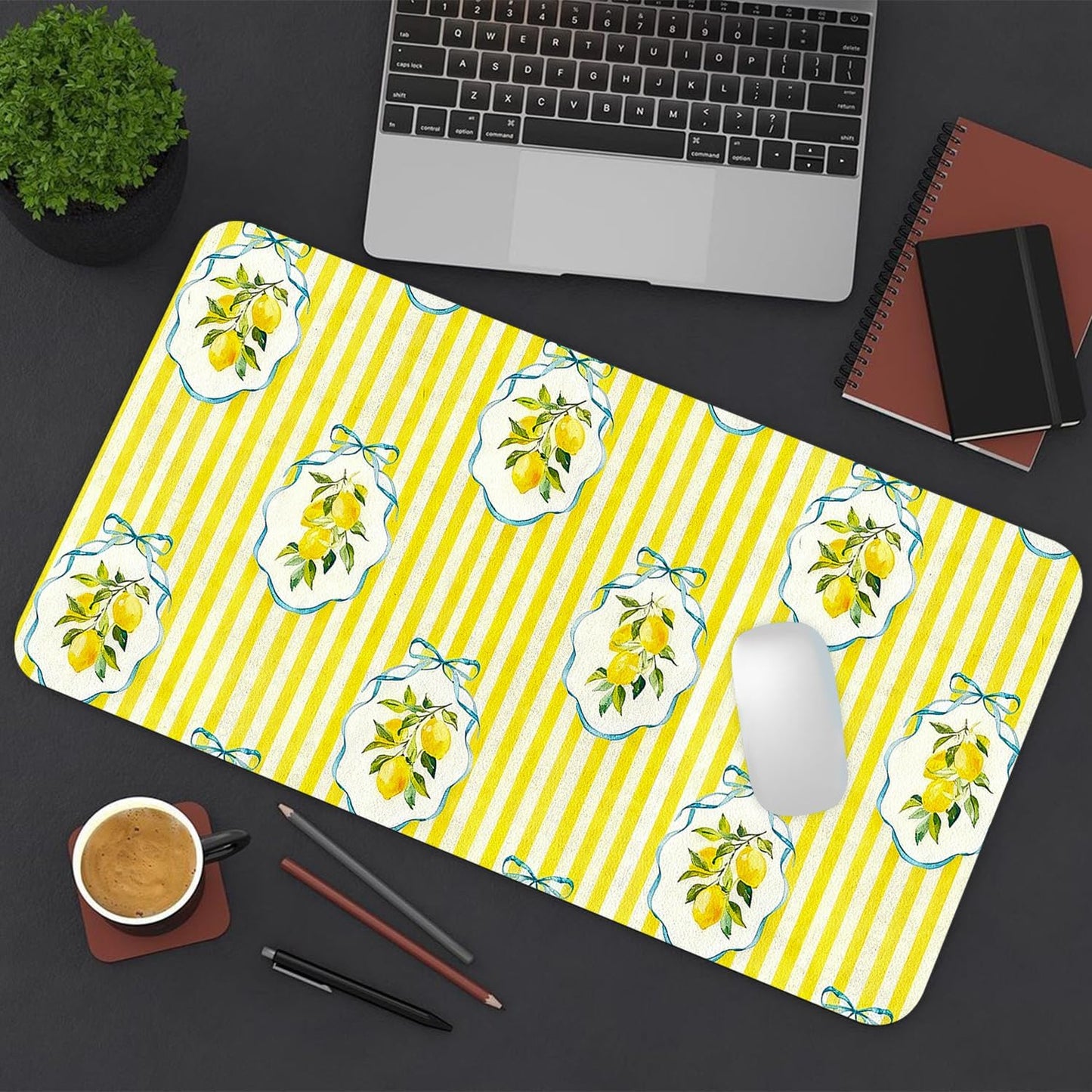 Cute Desk Mat, Yellow Lemon Striped Large Mouse Pad for Desktop, PU Leather Waterproof Desk Pad, Anti-Slip Computer PC Laptop Protector Gaming Mouse Pads Office Home Decor (23.6" x 11.8")