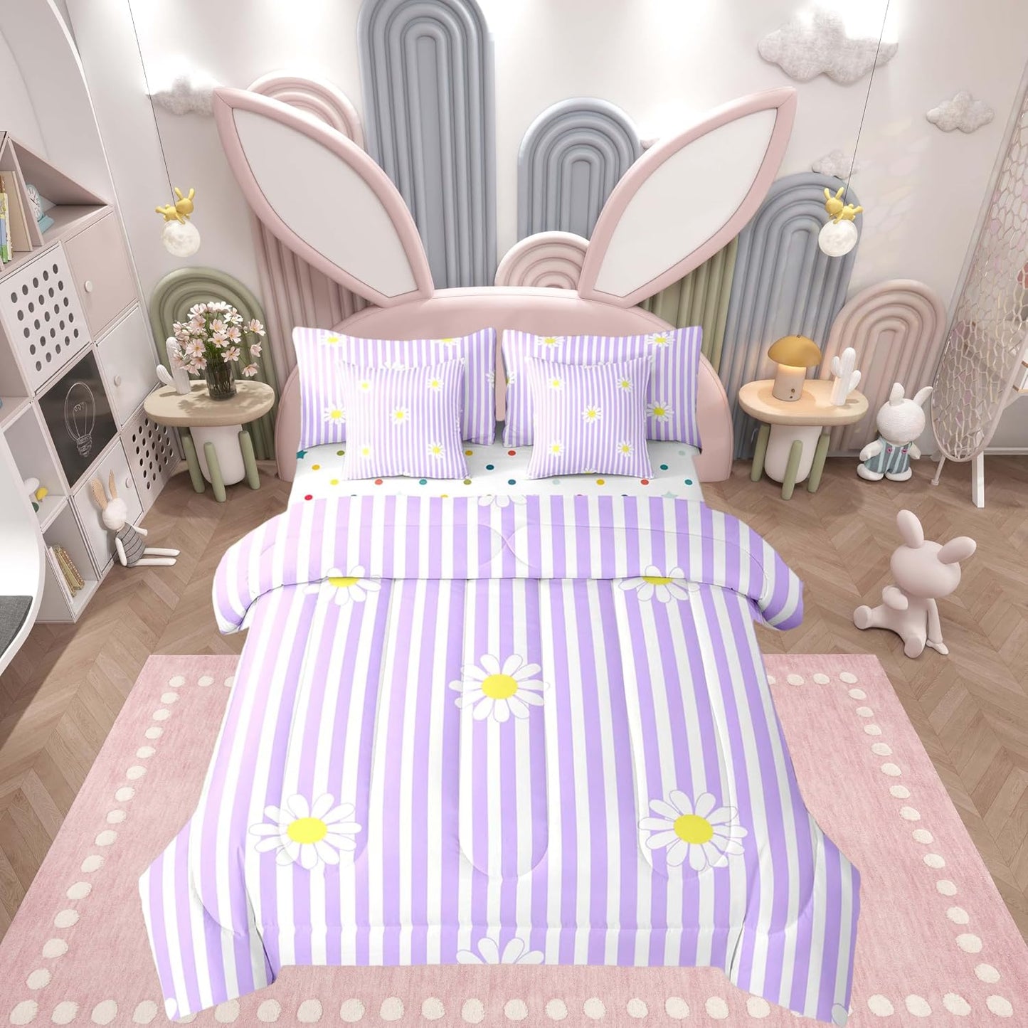 Daisy Twin Comforter Set with Sheets for Kids Boys Girls Purple Striped 7 Pieces Bedding Set Blossom Flowers Pattern Bed in a Bag Botanical Floral Printed Room Decor Soft Lightweight