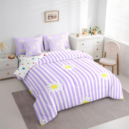 Daisy Twin Comforter Set with Sheets for Kids Boys Girls Purple Striped 7 Pieces Bedding Set Blossom Flowers Pattern Bed in a Bag Botanical Floral Printed Room Decor Soft Lightweight