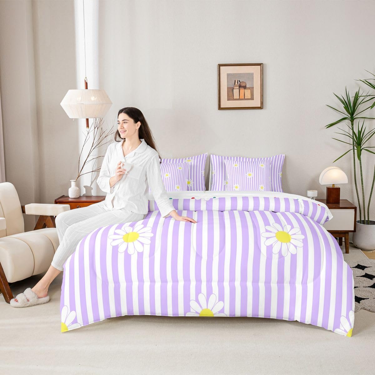 Daisy Twin Comforter Set with Sheets for Kids Boys Girls Purple Striped 7 Pieces Bedding Set Blossom Flowers Pattern Bed in a Bag Botanical Floral Printed Room Decor Soft Lightweight