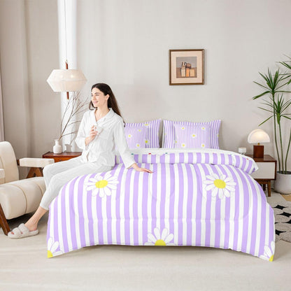 Daisy Twin Comforter Set with Sheets for Kids Boys Girls Purple Striped 7 Pieces Bedding Set Blossom Flowers Pattern Bed in a Bag Botanical Floral Printed Room Decor Soft Lightweight