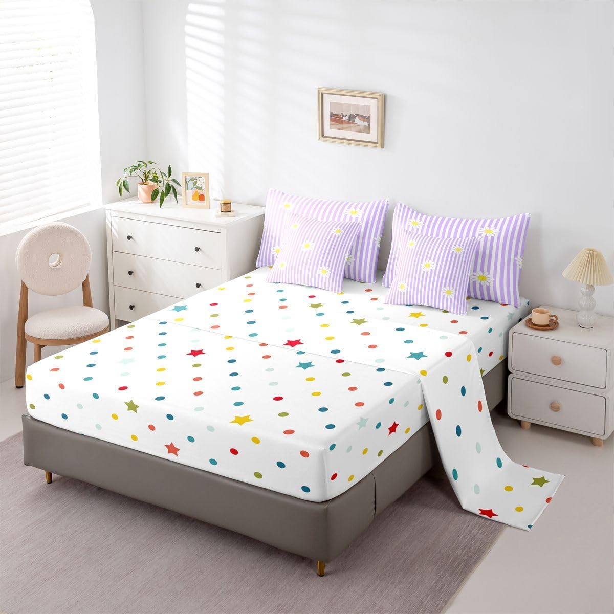 Daisy Twin Comforter Set with Sheets for Kids Boys Girls Purple Striped 7 Pieces Bedding Set Blossom Flowers Pattern Bed in a Bag Botanical Floral Printed Room Decor Soft Lightweight