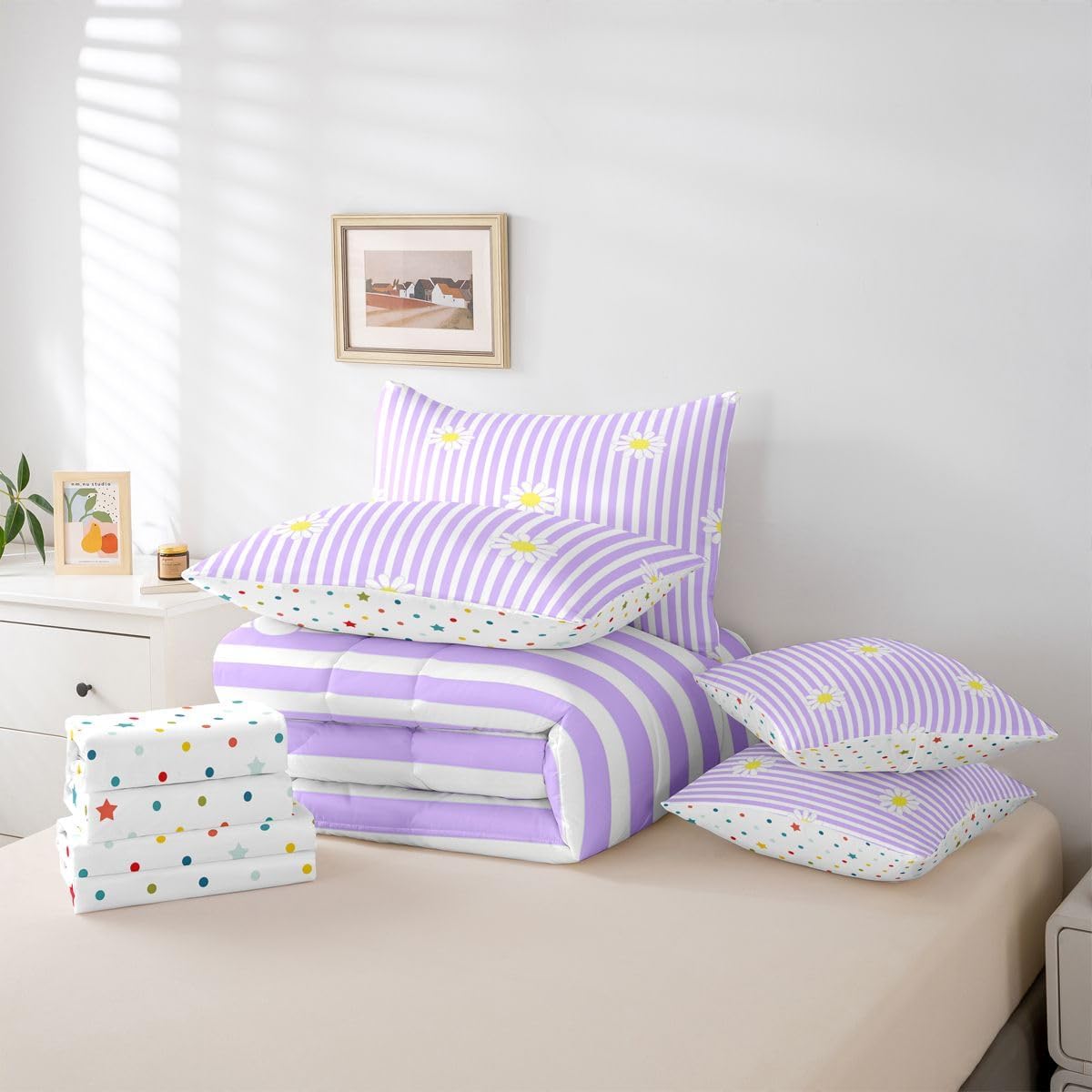 Daisy Twin Comforter Set with Sheets for Kids Boys Girls Purple Striped 7 Pieces Bedding Set Blossom Flowers Pattern Bed in a Bag Botanical Floral Printed Room Decor Soft Lightweight