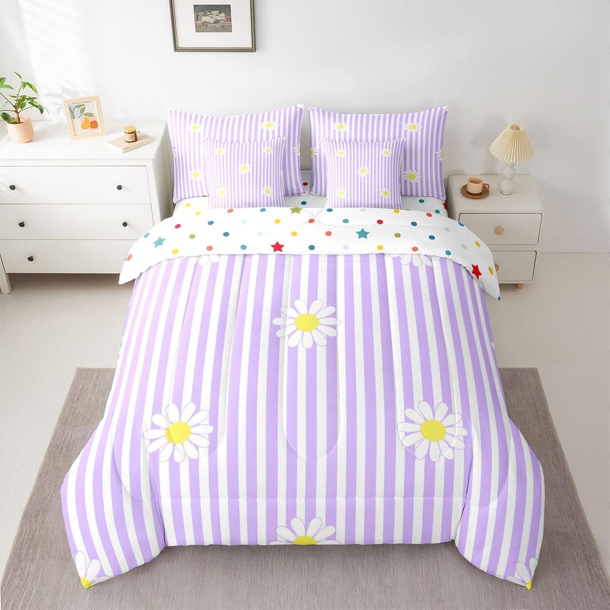 Daisy Twin Comforter Set with Sheets for Kids Boys Girls Purple Striped 7 Pieces Bedding Set Blossom Flowers Pattern Bed in a Bag Botanical Floral Printed Room Decor Soft Lightweight