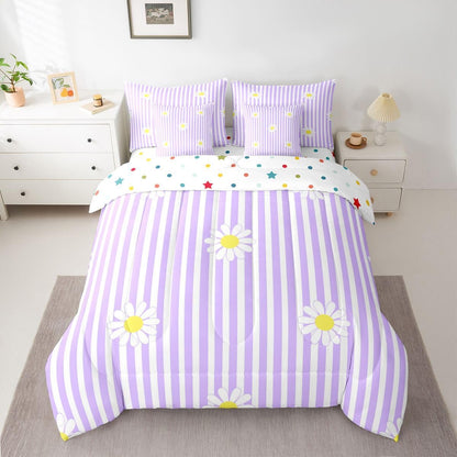 Daisy Twin Comforter Set with Sheets for Kids Boys Girls Purple Striped 7 Pieces Bedding Set Blossom Flowers Pattern Bed in a Bag Botanical Floral Printed Room Decor Soft Lightweight
