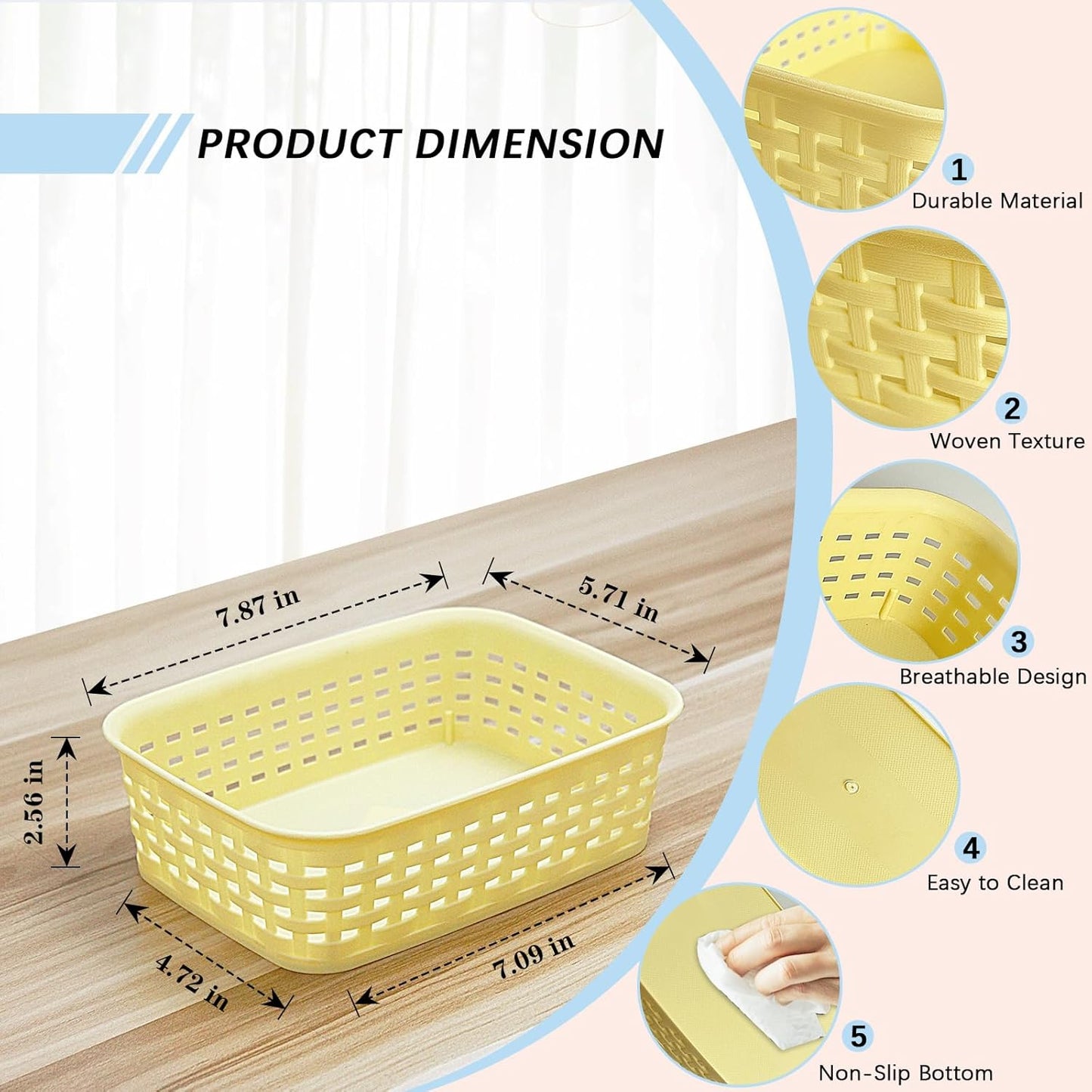 Plastic Storage Baskets for Cabinets, Household Pantry Organization with Handle,Organizer Bins for Room,Bathrooms,Under-Sink,Kitchen (Yellow, XS-3PACK)