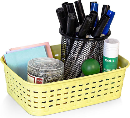 Plastic Storage Baskets for Cabinets, Household Pantry Organization with Handle,Organizer Bins for Room,Bathrooms,Under-Sink,Kitchen (Yellow, XS-3PACK)