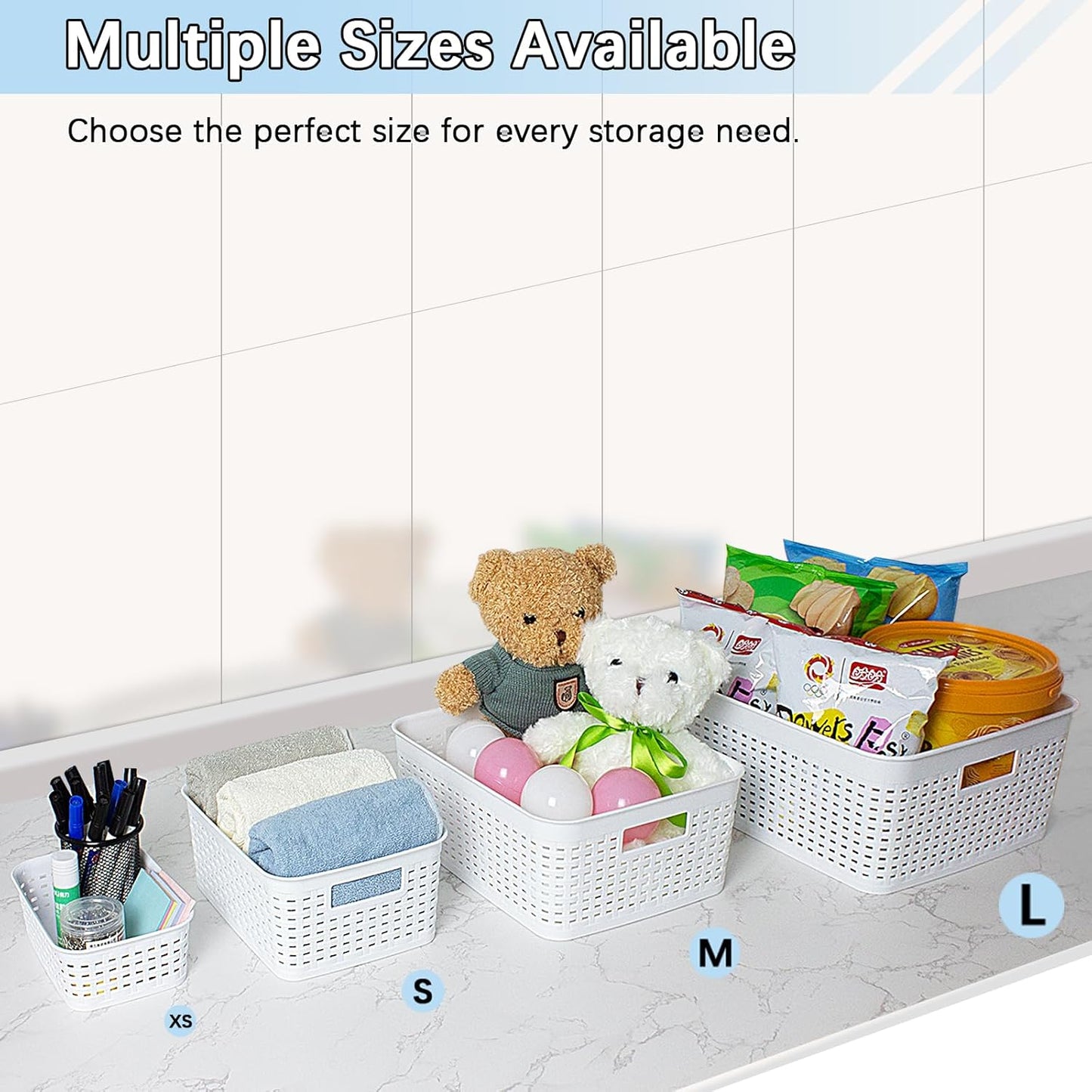 Plastic Storage Baskets for Cabinets, Household Pantry Organization with Handle,Organizer Bins for Room,Bathrooms,Under-Sink,Kitchen (Yellow, XS-3PACK)
