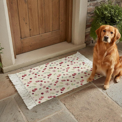Summer Cherry Harvest Flower Kitchen Runner Rug 2x3ft Boho Tassel Rugs Floor Carpet, Watercolor Fruit on Light Yellow Area Rug for Hallway Bedroom Bathroom Living Room Dining