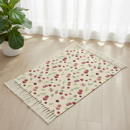 Summer Cherry Harvest Flower Kitchen Runner Rug 2x3ft Boho Tassel Rugs Floor Carpet, Watercolor Fruit on Light Yellow Area Rug for Hallway Bedroom Bathroom Living Room Dining