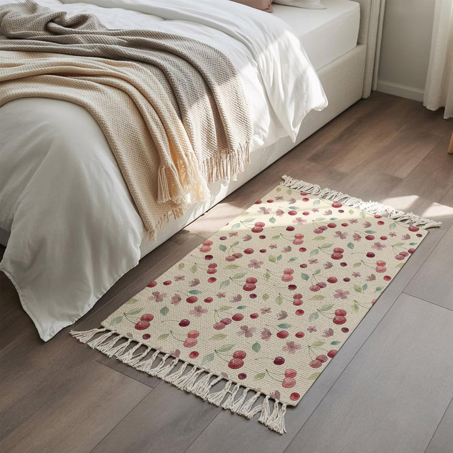 Summer Cherry Harvest Flower Kitchen Runner Rug 2x3ft Boho Tassel Rugs Floor Carpet, Watercolor Fruit on Light Yellow Area Rug for Hallway Bedroom Bathroom Living Room Dining